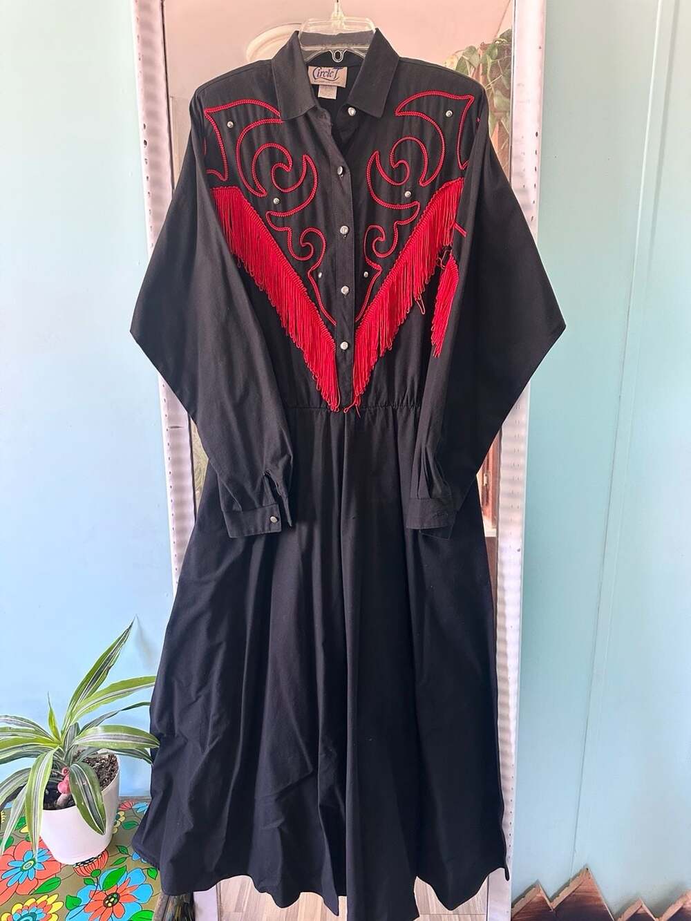 Vintage Circle T by Marilyn Lenox Western Dress Size 11/12 Black Red Fringe